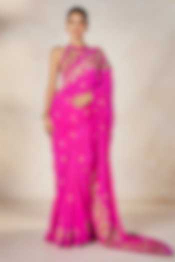 Hot Pink Pure Crepe & Heavy Raw Silk Thread Work Reception Saree Set by Masaba at Pernia's Pop Up Shop