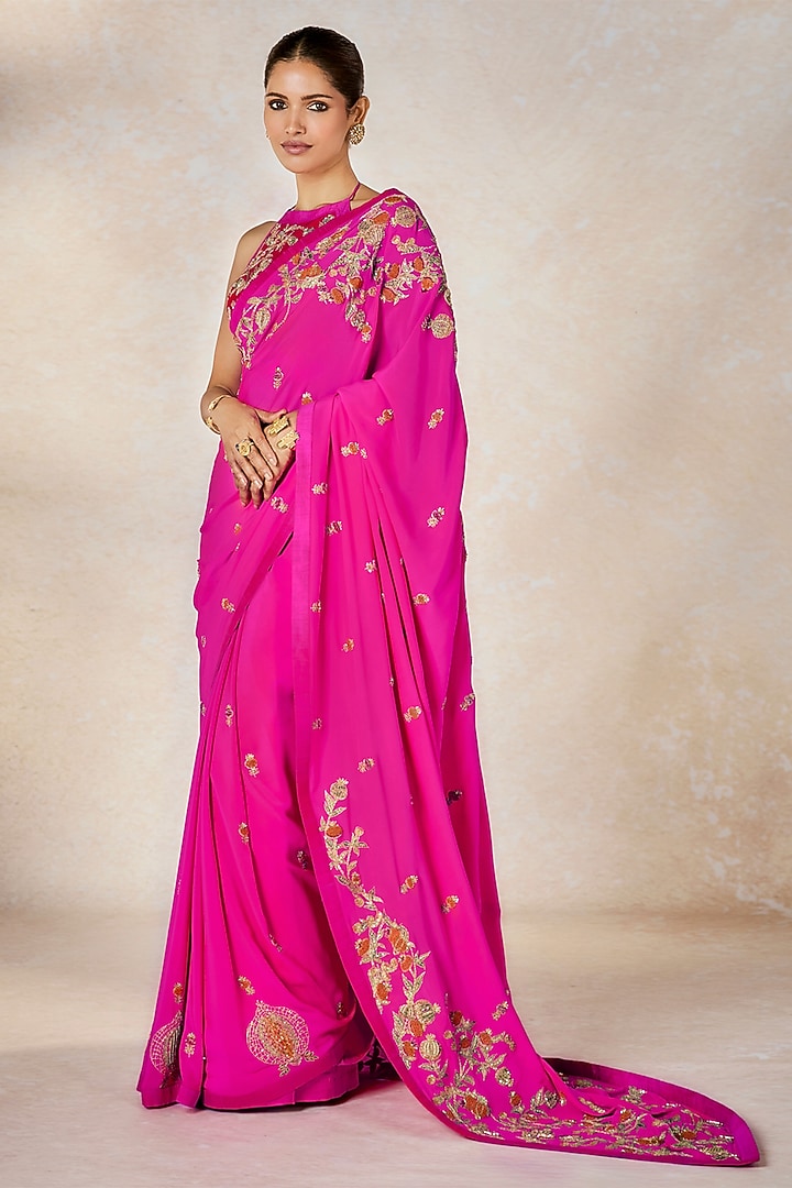 Hot Pink Pure Crepe & Heavy Raw Silk Thread Work Reception Saree Set by Masaba at Pernia's Pop Up Shop