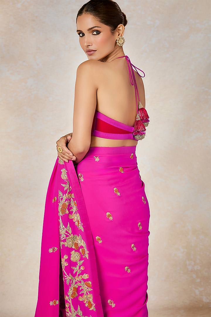 Hot Pink Pure Crepe & Heavy Raw Silk Thread Work Reception Saree Set by Masaba at Pernia's Pop Up Shop