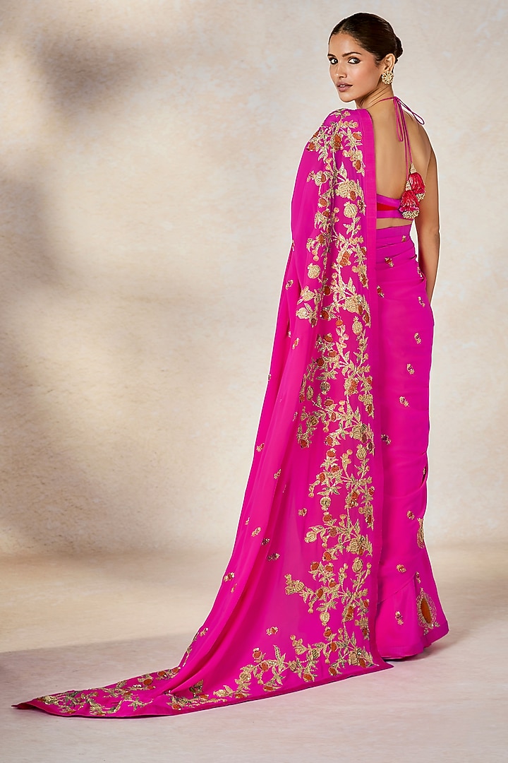 Hot Pink Pure Crepe & Heavy Raw Silk Thread Work Reception Saree Set by Masaba at Pernia's Pop Up Shop