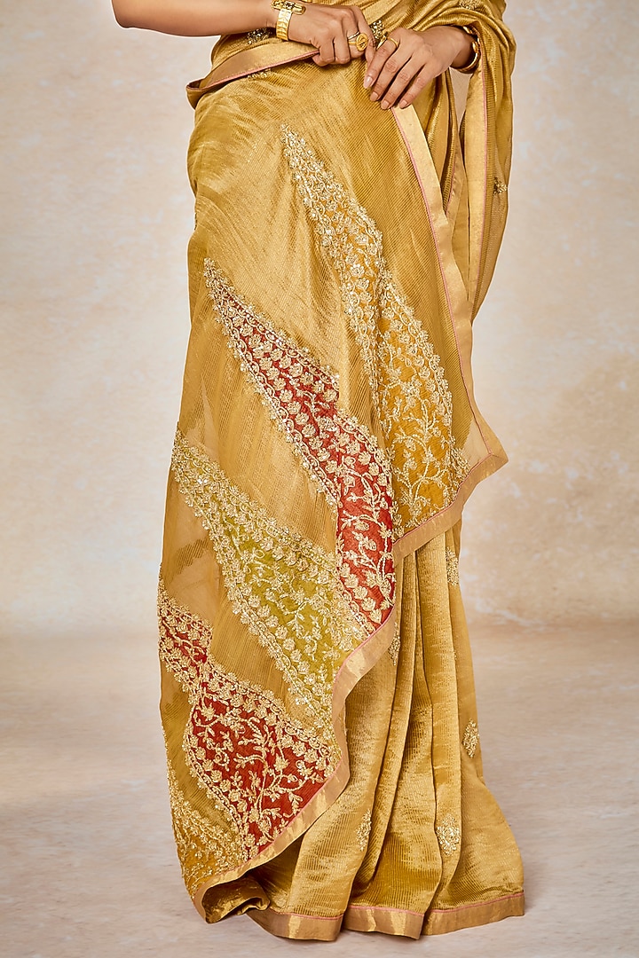 Gold Silk Tissue Embellished Reception Saree Set by Masaba at Pernia's Pop Up Shop