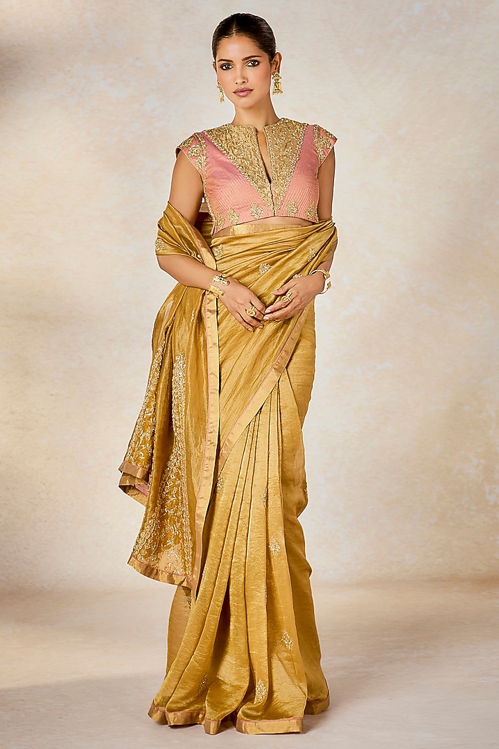 Gold Silk Tissue Embellished Reception Saree Set by Masaba at Pernia's Pop Up Shop