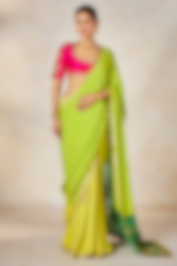 Green Natural Crepe Motif Embroidered Color Blocked Reception Saree Set by Masaba at Pernia's Pop Up Shop