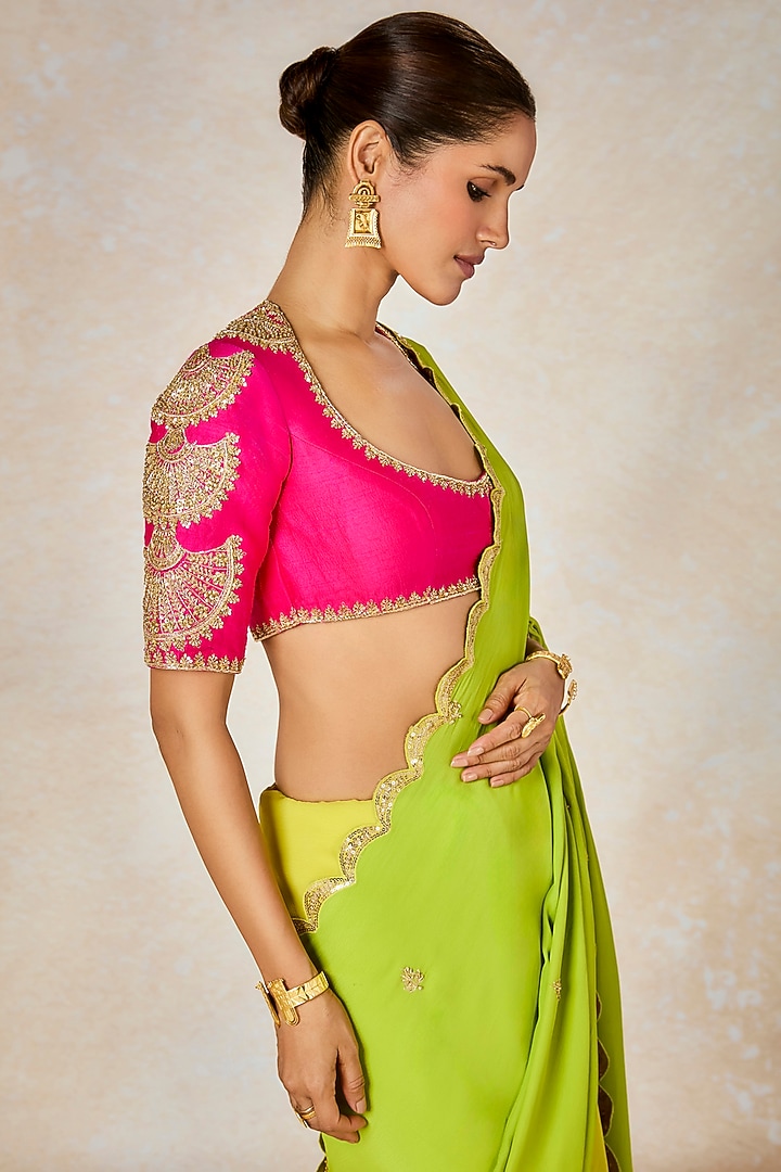 Green Natural Crepe Motif Embroidered Color Blocked Reception Saree Set by Masaba at Pernia's Pop Up Shop