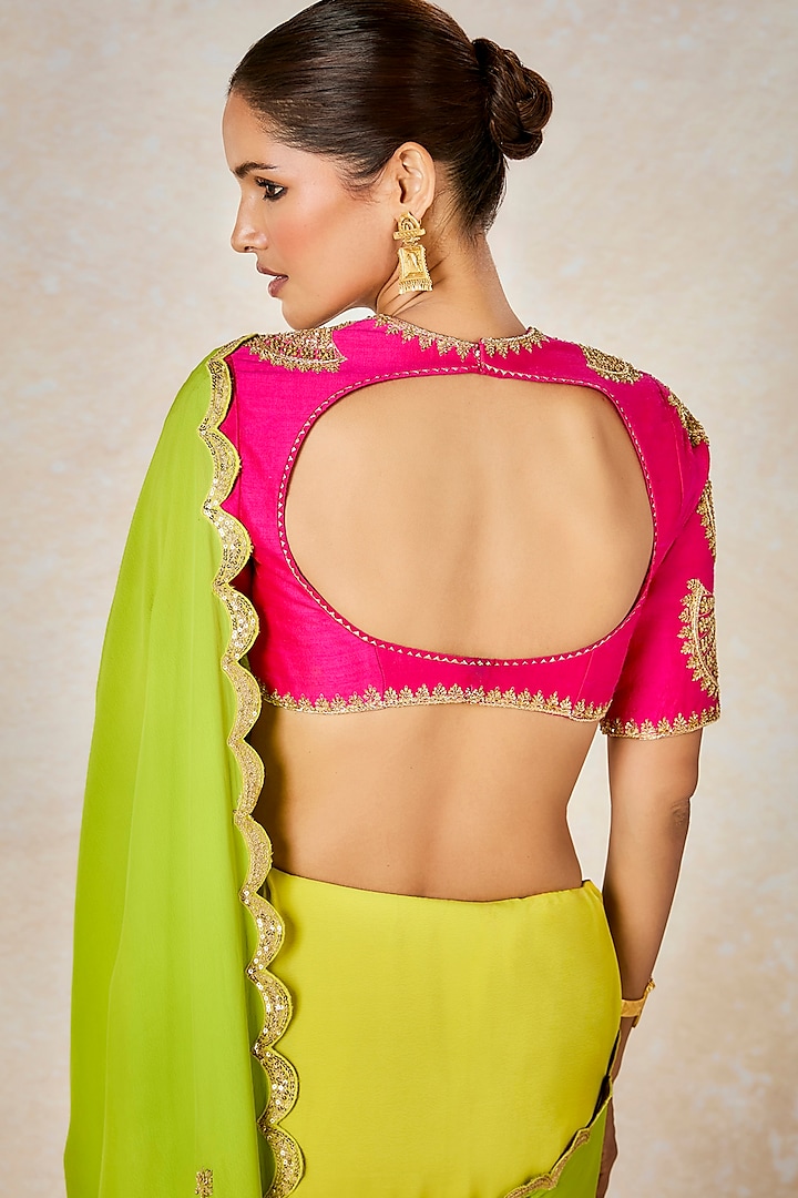 Green Natural Crepe Motif Embroidered Color Blocked Reception Saree Set by Masaba at Pernia's Pop Up Shop