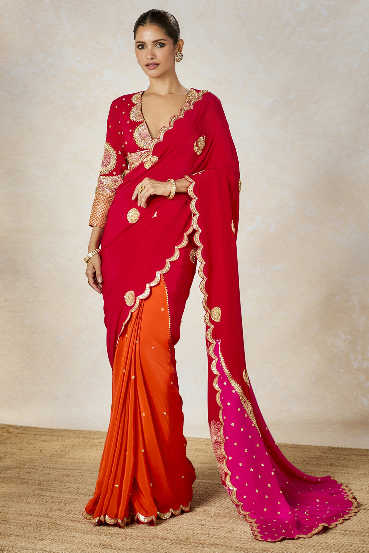 Red Pure Crepe Color Blocked Bridal Saree Set by Masaba at Pernia's Pop Up Shop