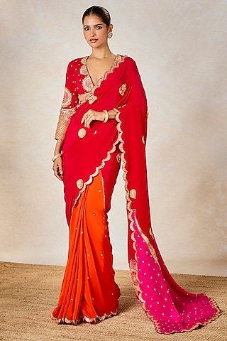 Red Pure Crepe Color Blocked Saree Set by Masaba
