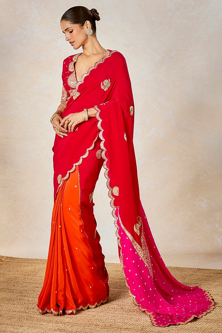 Red Pure Crepe Color Blocked Bridal Saree Set by Masaba at Pernia's Pop Up Shop