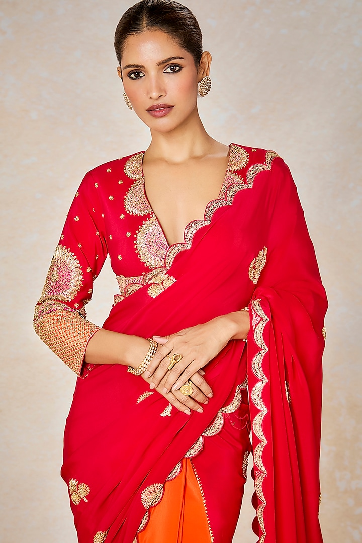 Red Pure Crepe Color Blocked Bridal Saree Set by Masaba at Pernia's Pop Up Shop