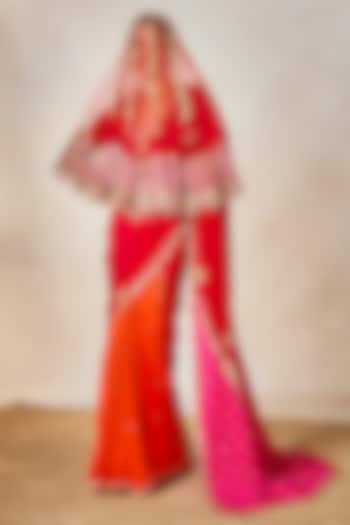 Red Pure Crepe Color Blocked Bridal Saree Set by Masaba at Pernia's Pop Up Shop