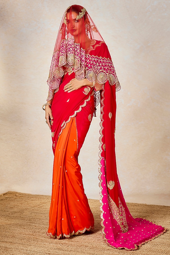 Red Pure Crepe Color Blocked Bridal Saree Set by Masaba at Pernia's Pop Up Shop