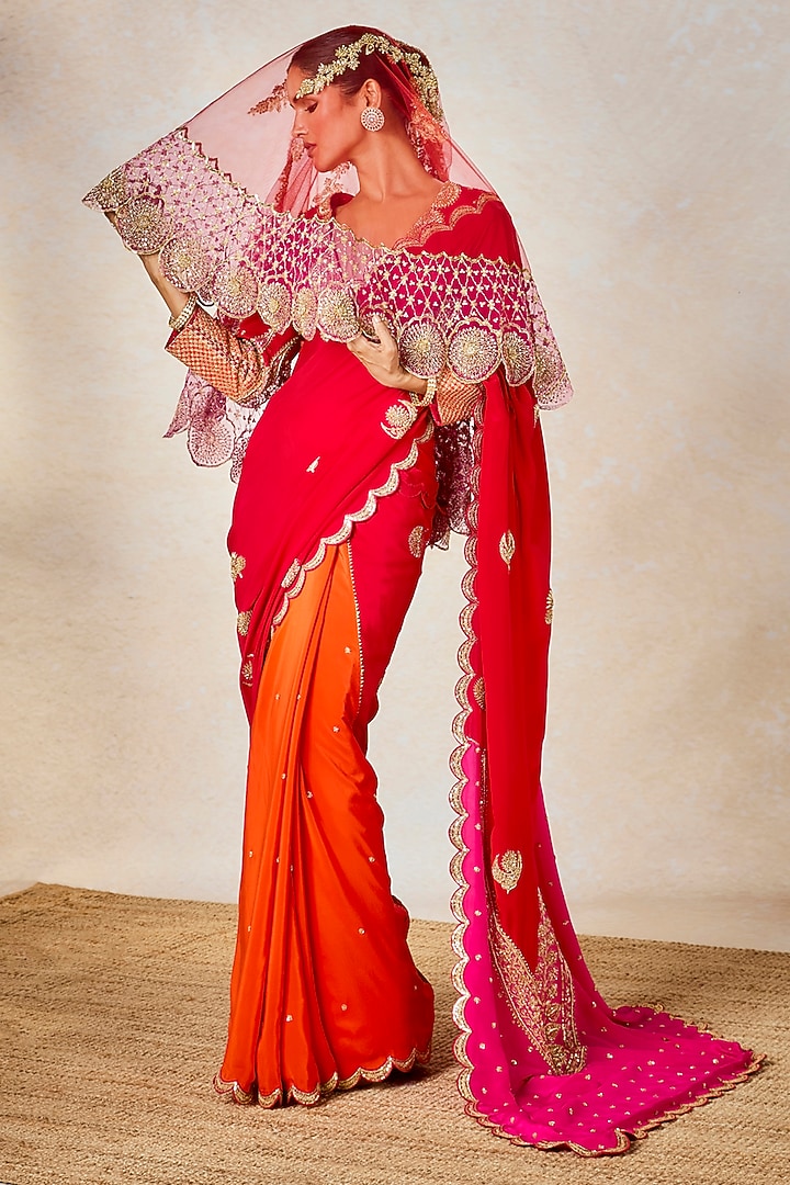 Red Pure Crepe Color Blocked Bridal Saree Set by Masaba at Pernia's Pop Up Shop