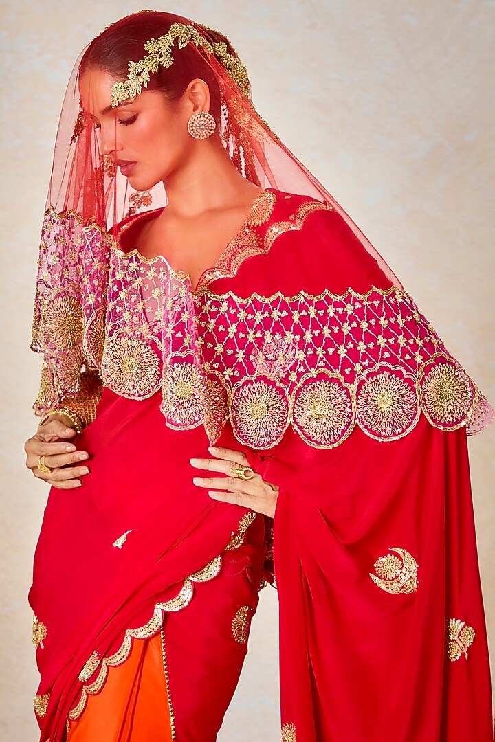 Red Pure Crepe Color Blocked Bridal Saree Set by Masaba at Pernia's Pop Up Shop