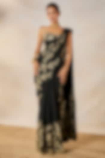 Black Moss Crepe Zardosi Work Pre-Stitched Bridal Saree Set by Masaba at Pernia's Pop Up Shop