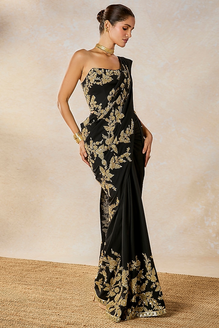 Black Moss Crepe Zardosi Work Pre-Stitched Bridal Saree Set by Masaba at Pernia's Pop Up Shop