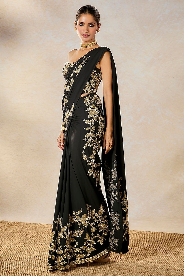 Black Moss Crepe Zardosi Work Pre-Stitched Bridal Saree Set by Masaba at Pernia's Pop Up Shop