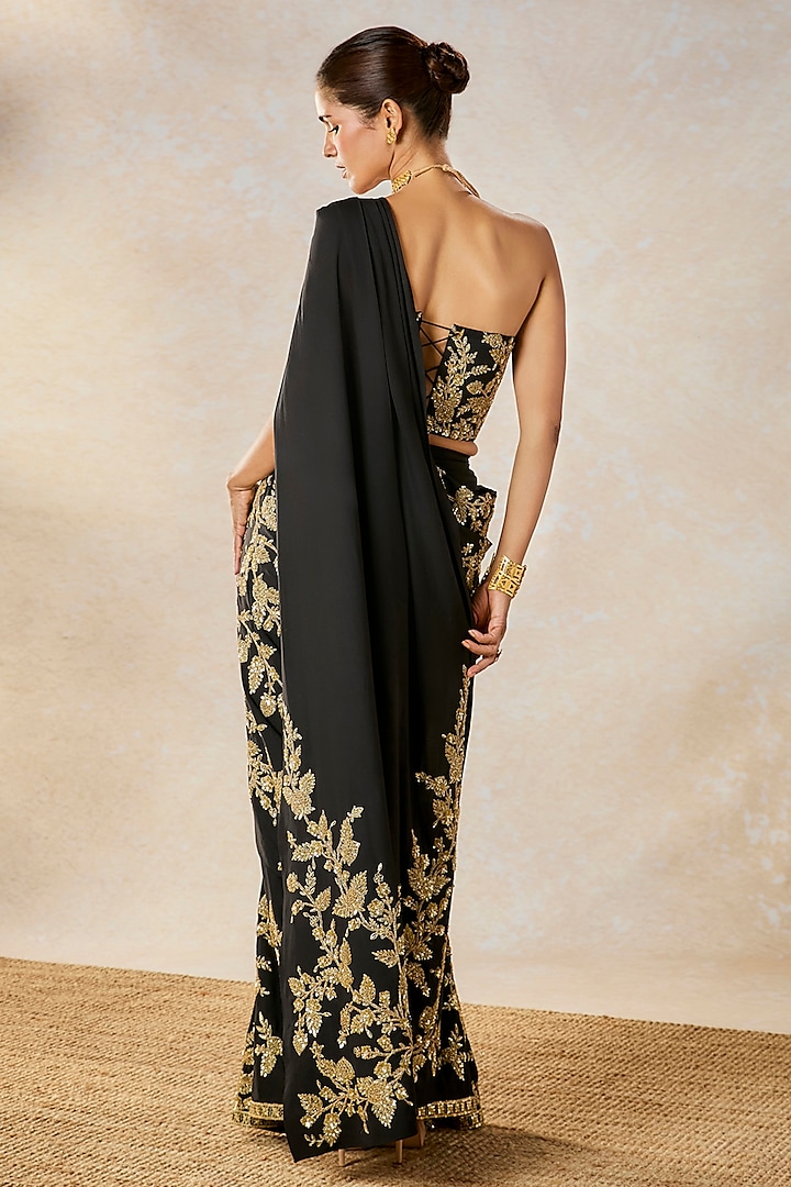 Black Moss Crepe Zardosi Work Pre-Stitched Bridal Saree Set by Masaba at Pernia's Pop Up Shop
