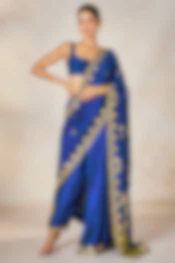 Blue Dupion Sitara Embroidered Semi-Stitched Reception Saree Set by Masaba at Pernia's Pop Up Shop