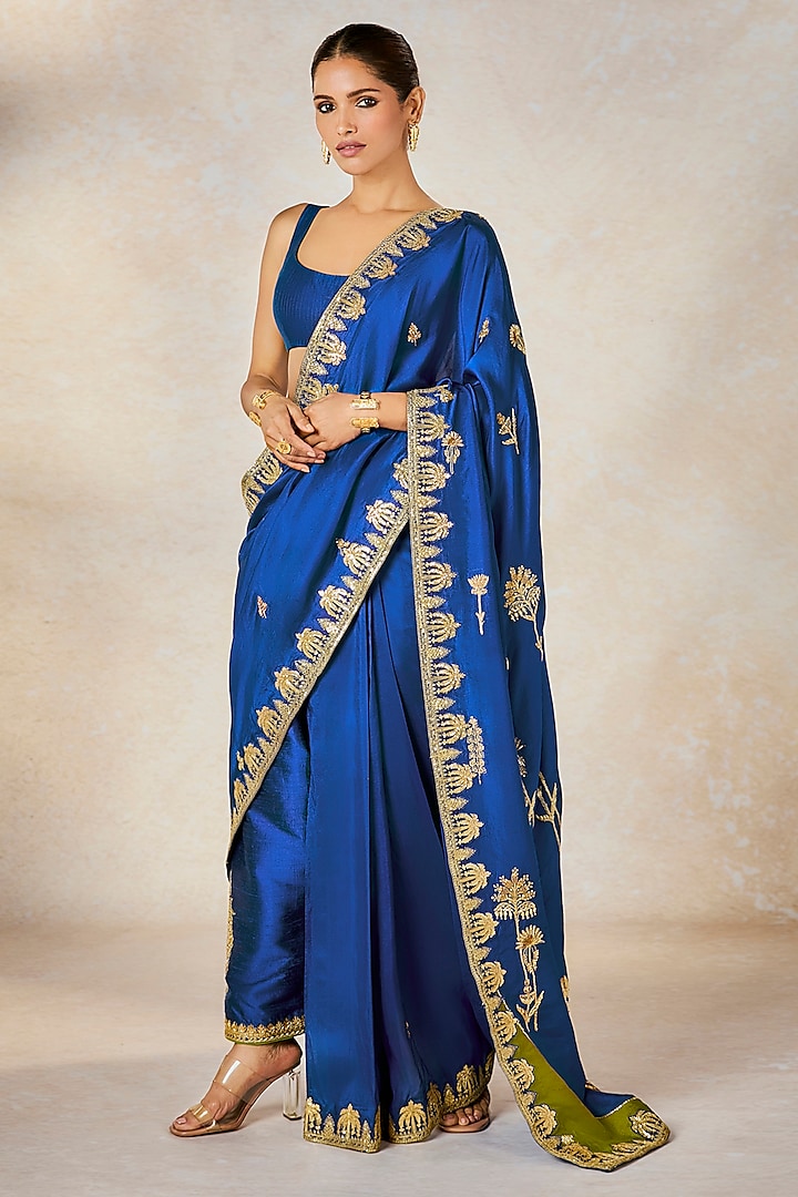 Blue Dupion Sitara Embroidered Semi-Stitched Reception Saree Set by Masaba at Pernia's Pop Up Shop