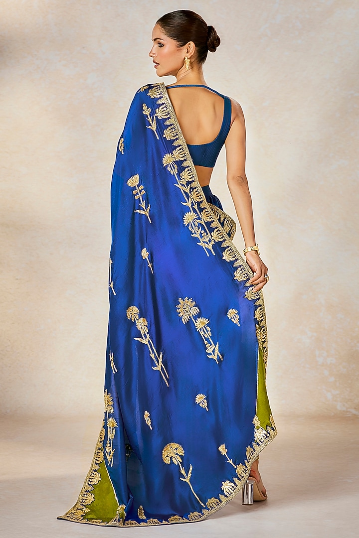 Blue Dupion Sitara Embroidered Semi-Stitched Reception Saree Set by Masaba at Pernia's Pop Up Shop