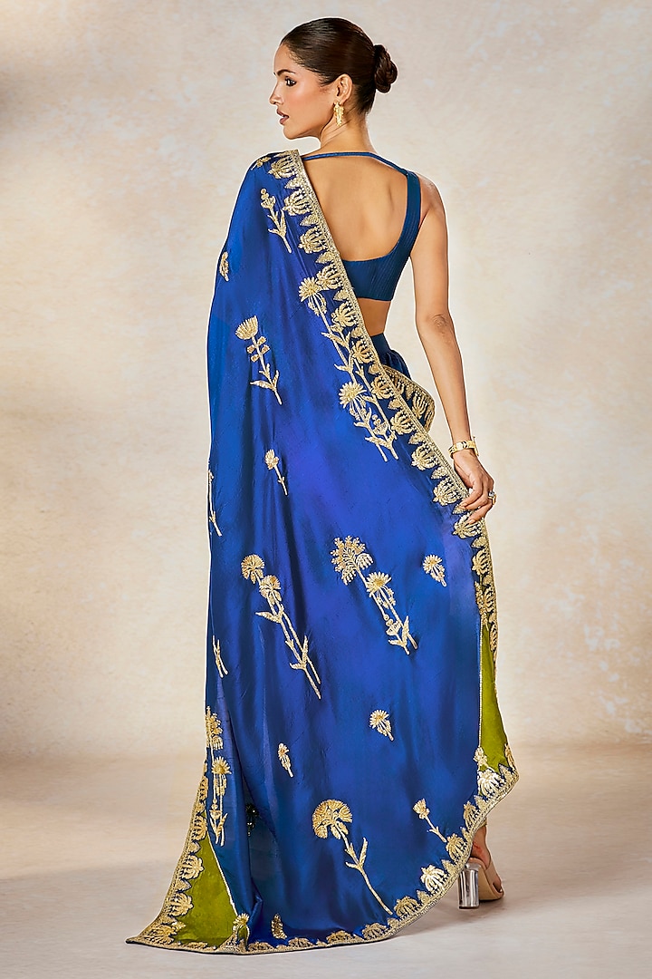 Blue Dupion Sitara Embroidered Semi-Stitched Jacket Bridal Saree Set by Masaba at Pernia's Pop Up Shop