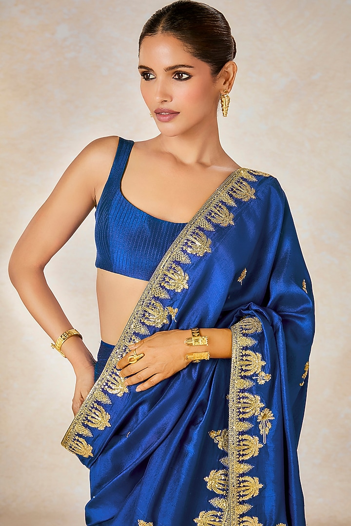 Blue Dupion Sitara Embroidered Semi-Stitched Jacket Bridal Saree Set by Masaba at Pernia's Pop Up Shop