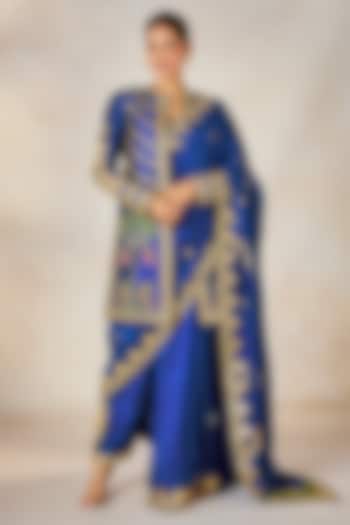 Blue Dupion Sitara Embroidered Semi-Stitched Jacket Bridal Saree Set by Masaba at Pernia's Pop Up Shop