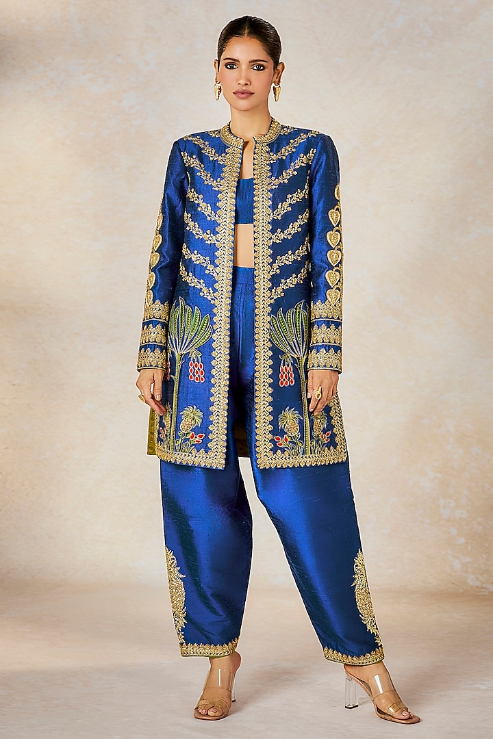 Blue Dupion Sitara Embroidered Semi-Stitched Jacket Bridal Saree Set by Masaba at Pernia's Pop Up Shop