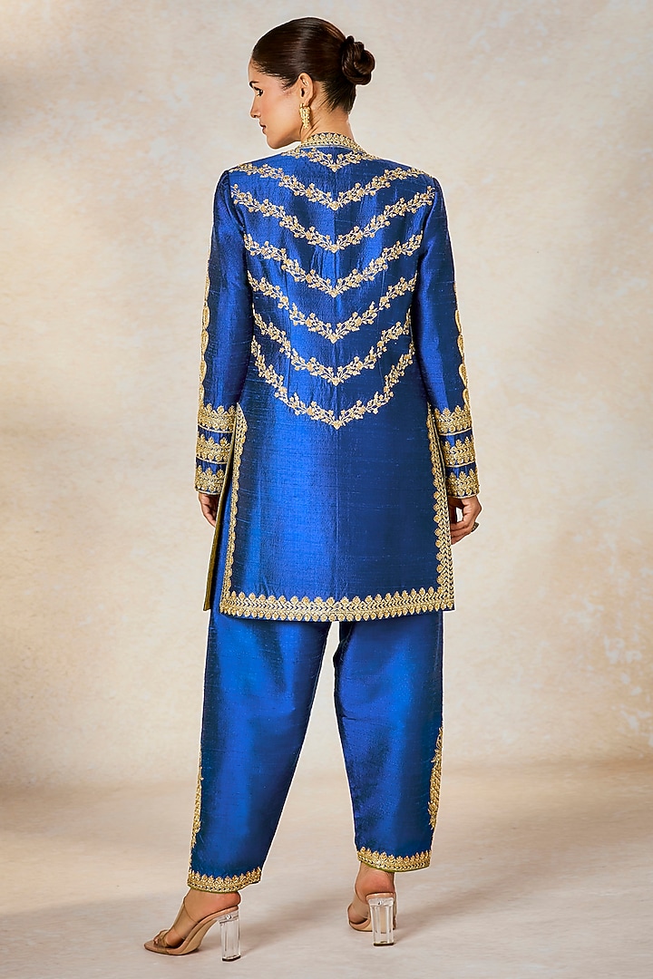 Blue Dupion Sitara Embroidered Semi-Stitched Jacket Bridal Saree Set by Masaba at Pernia's Pop Up Shop