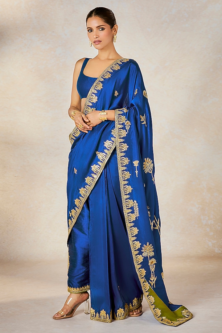 Blue Dupion Sitara Embroidered Semi-Stitched Jacket Bridal Saree Set by Masaba at Pernia's Pop Up Shop