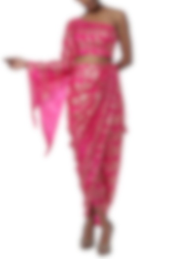 Pink printed one shoulder top with drape skirt by Masaba