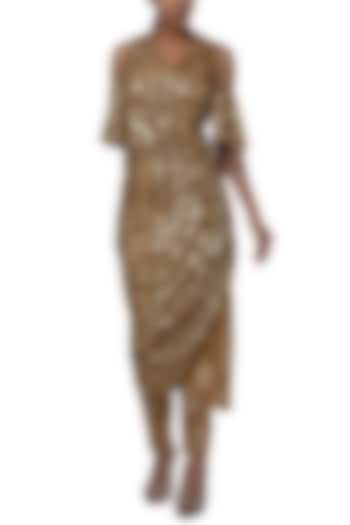 Nude printed cold shoulder wrap dress with pants by Masaba at Pernia's Pop Up Shop
