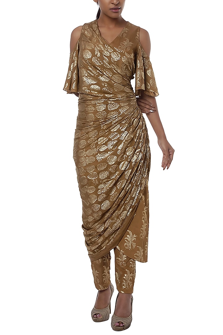 Nude printed cold shoulder wrap dress with pants by Masaba