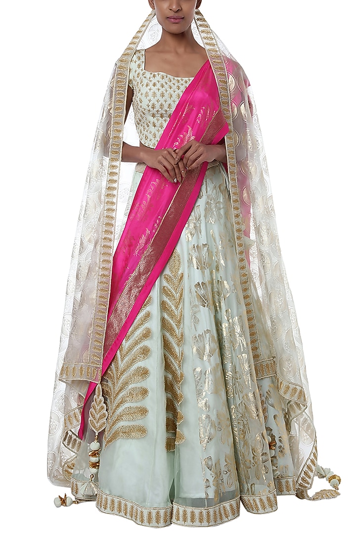 Mint blue half and half embroidered Bridal Lehenga set by Masaba at Pernia's Pop Up Shop