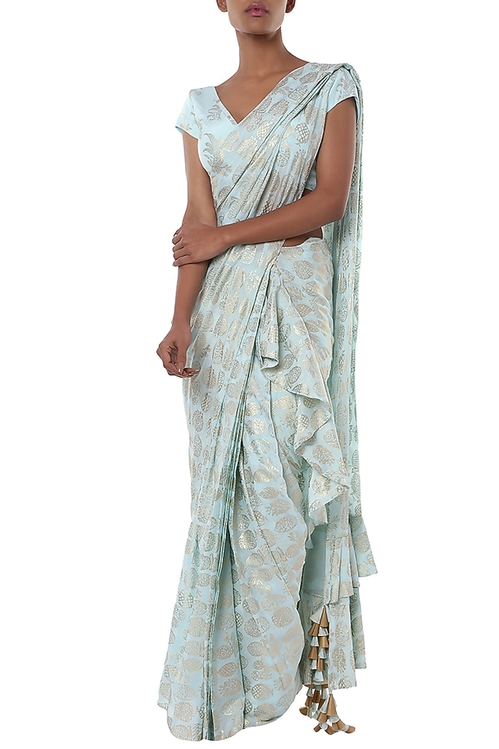 Ice blue printed ruffle pleated Party Wear Saree with blouse piece by Masaba at Pernia's Pop Up Shop