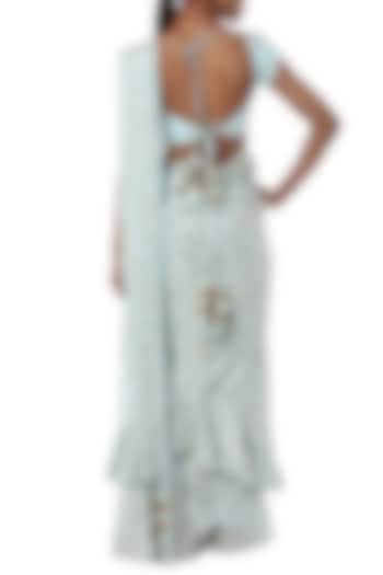 Ice blue printed ruffle pleated Party Wear Saree with blouse piece by Masaba at Pernia's Pop Up Shop