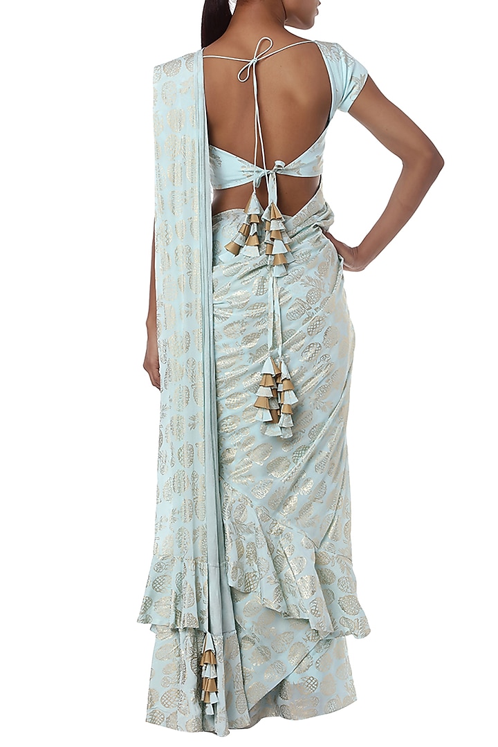 Ice blue printed ruffle pleated saree with blouse piece by Masaba