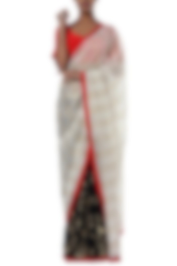 Ivory half and half printed saree with red blouse piece by Masaba