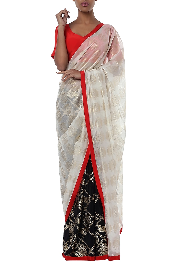 Ivory half and half printed saree with red blouse piece by Masaba