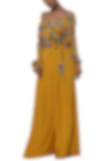 Yellow printed wrap top with palazzo pants by Masaba