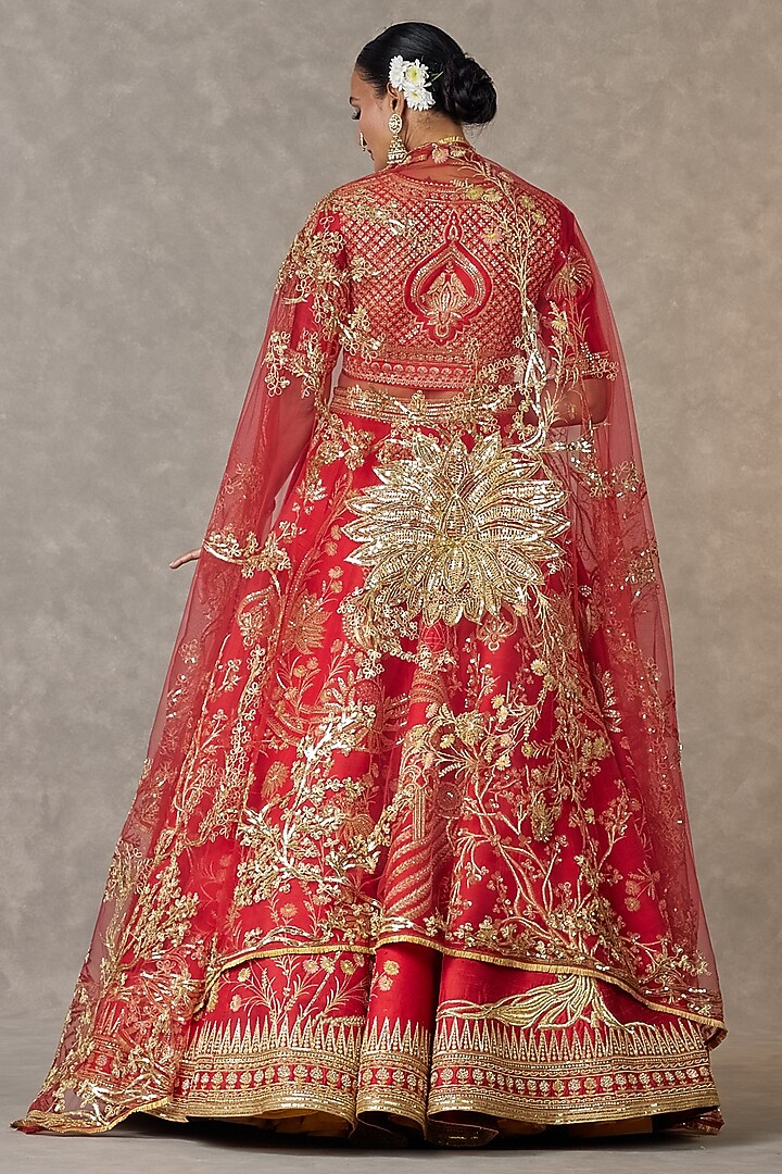 Red Bagh-E-Bahar Neelkamal Raw Silk Thread Embroidered Bridal Lehenga Set by Masaba at Pernia's Pop Up Shop