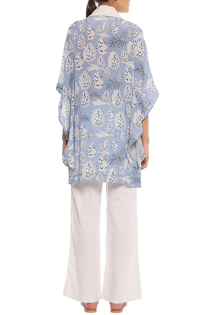 Blue Pine Forest Printed Asymmetrical Sleeves Shirt by Masaba