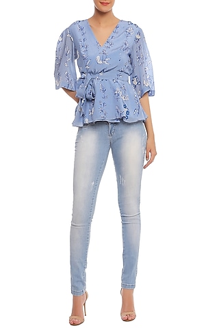 Blue Prairie Pond Printed Wrap Top by Masaba
