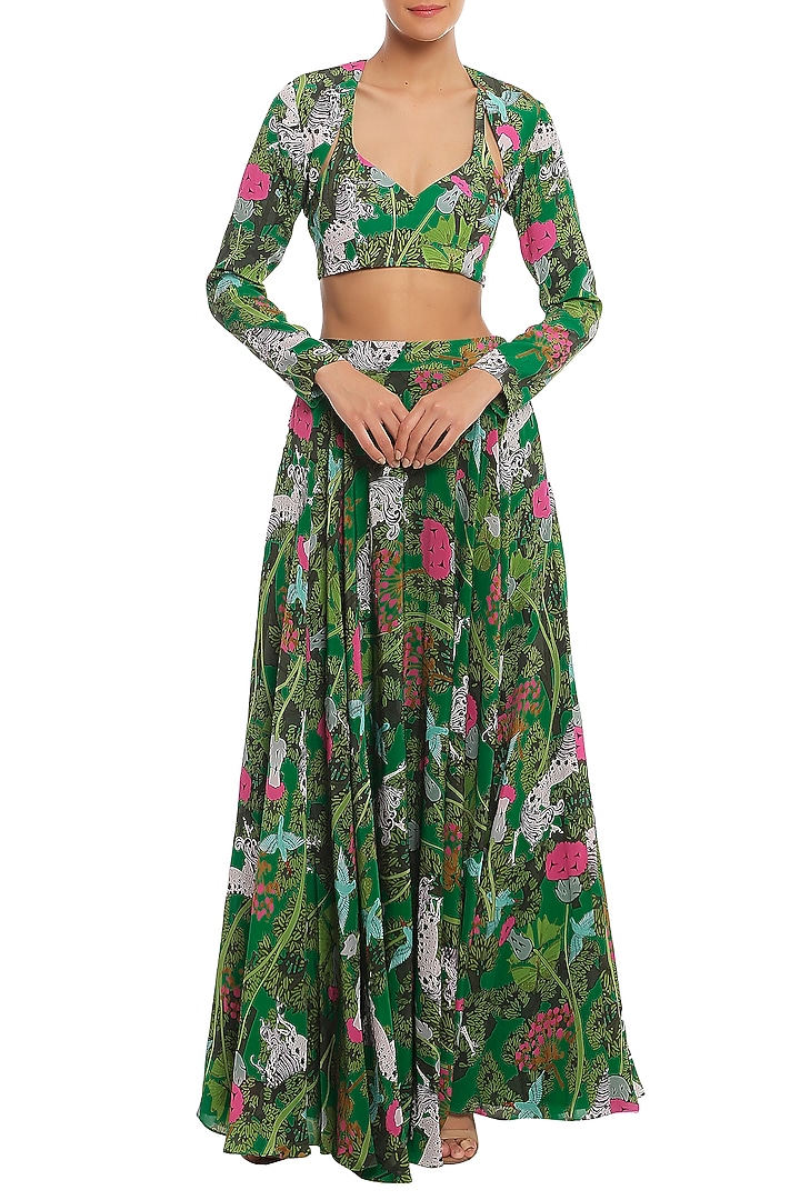 Green Basil & Unicorn Meadow Lehenga Skirt With Shrug & Bustier by Masaba at Pernia's Pop Up Shop