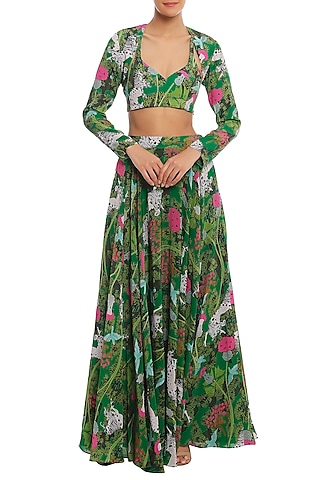 Green Basil & Unicorn Meadow Lehenga Skirt With Shrug & Bustier by Masaba