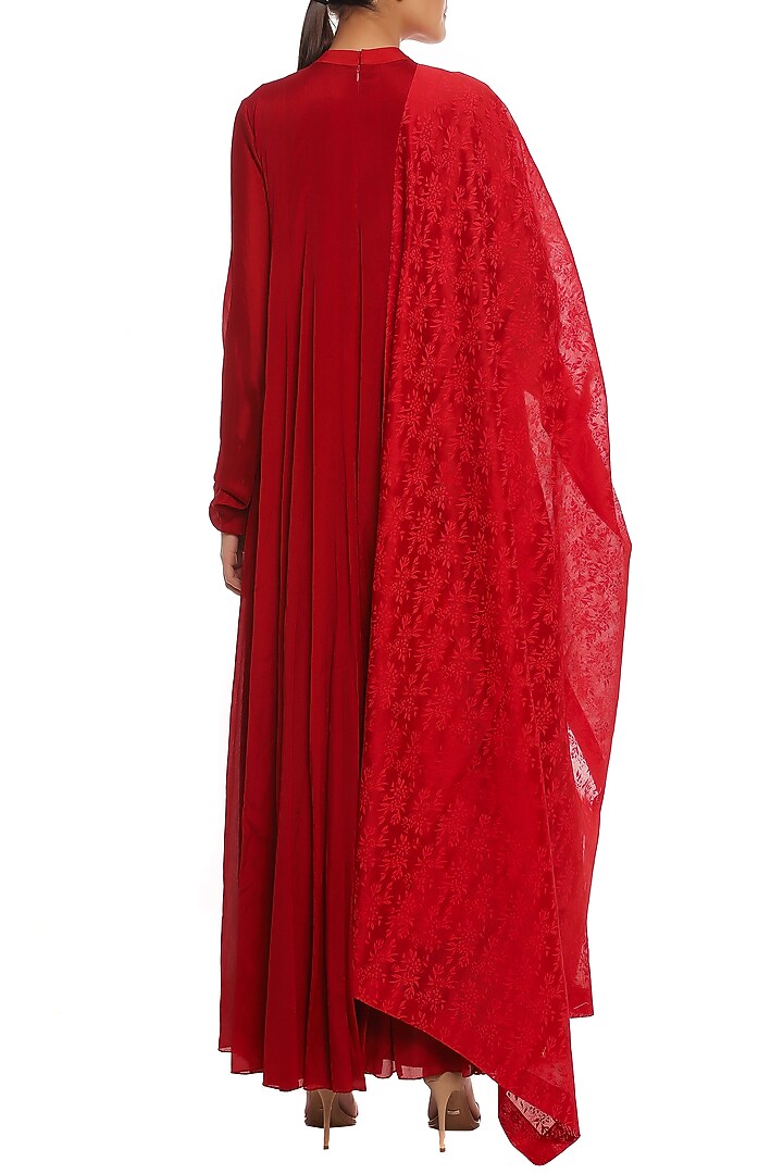 Scarlet Red Embroidered Party Wear Anarkali Set by Masaba at Pernia's Pop Up Shop