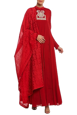 Scarlet Red Embroidered Anarkali Set by Masaba