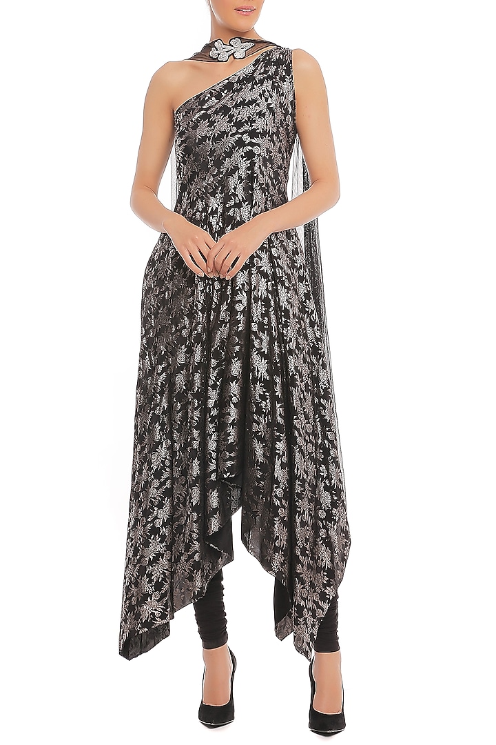 Black Printed One Shouldered Party Wear Anarkali Set by Masaba at Pernia's Pop Up Shop