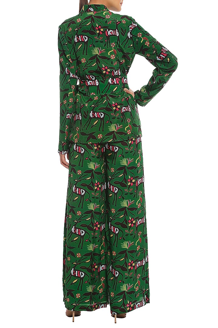 Dark Green Basil, Deer & Forest Printed Blazer Set by Masaba at Pernia's Pop Up Shop