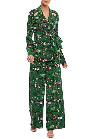 Dark Green Basil, Deer & Forest Printed Blazer Set by Masaba
